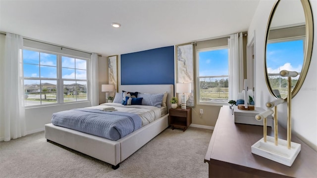 bedroom with light carpet