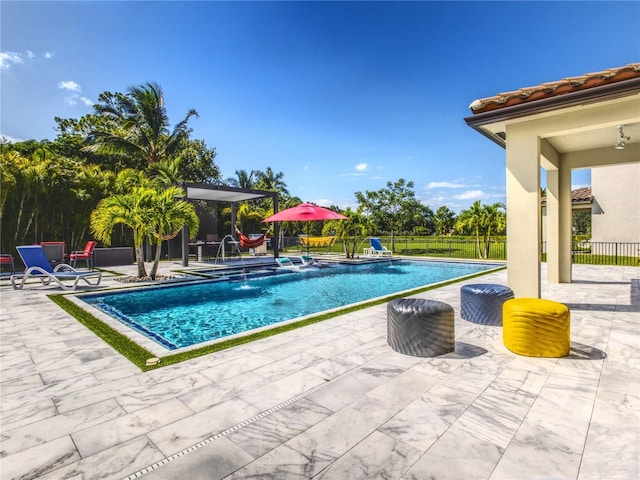 view of pool featuring pool water feature and a patio area