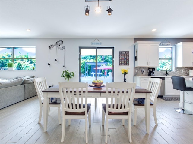 dining area with a wealth of natural light and light hardwood / wood-style floors