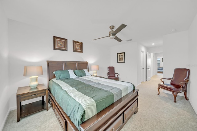 carpeted bedroom featuring ceiling fan