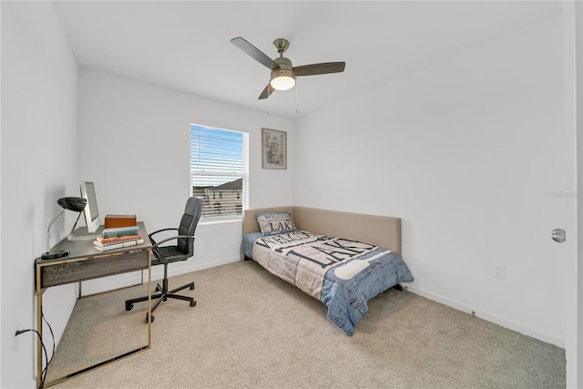 bedroom with ceiling fan and light colored carpet