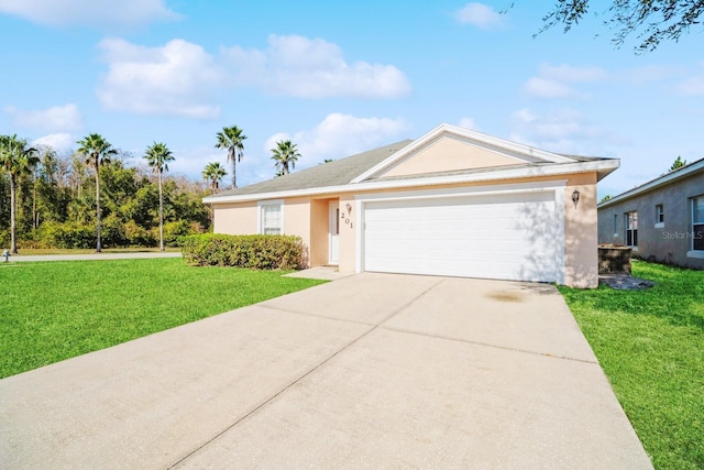 ranch-style house with a garage and a front lawn