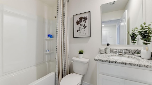 full bathroom with toilet, vanity, and shower / bathtub combination with curtain