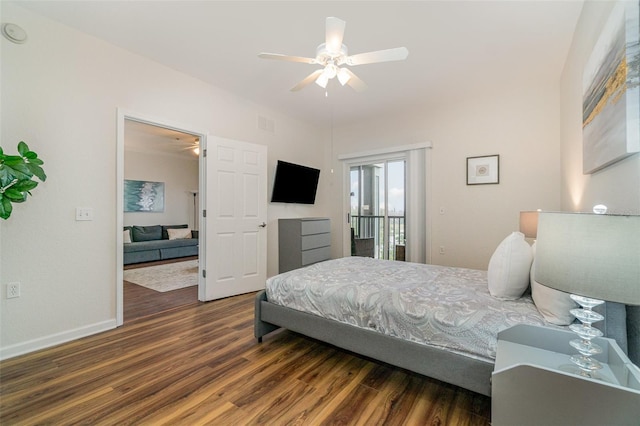 bedroom featuring ceiling fan, dark hardwood / wood-style flooring, and access to outside