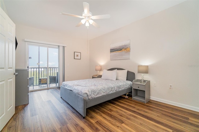 bedroom with wood-type flooring, access to outside, and ceiling fan