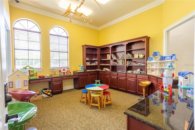 351 Lazio Cir, Debary, FL 32713 - game room with a chandelier, ornamental molding, and light carpet