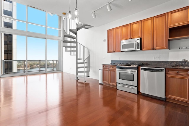 kitchen featuring decorative light fixtures, dark hardwood / wood-style flooring, stainless steel appliances, dark stone counters, and rail lighting