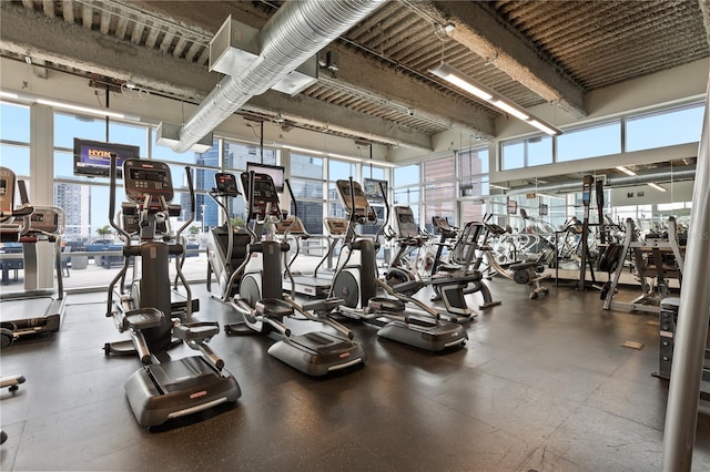 exercise room featuring a towering ceiling