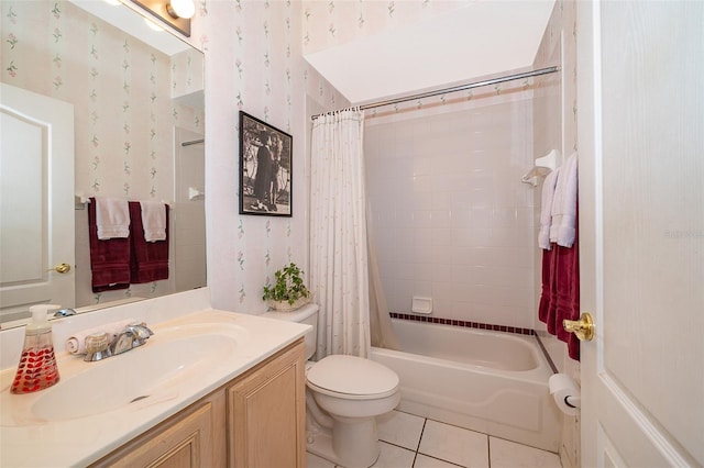 full bathroom featuring tile patterned floors, vanity, toilet, and shower / bath combination with curtain