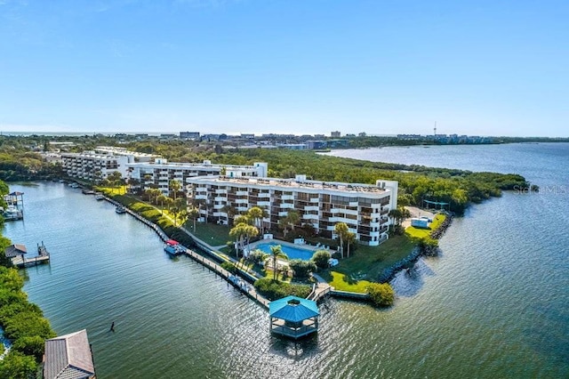 bird's eye view with a water view