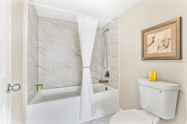 bathroom featuring toilet and shower / bath combination with curtain