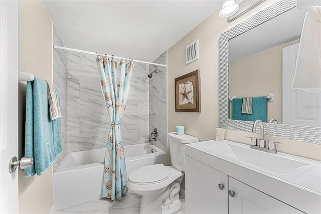 full bathroom with toilet, vanity, and shower / bathtub combination with curtain