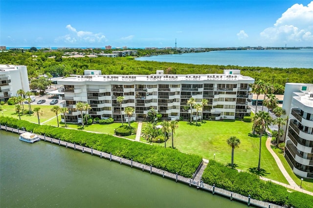 aerial view featuring a water view