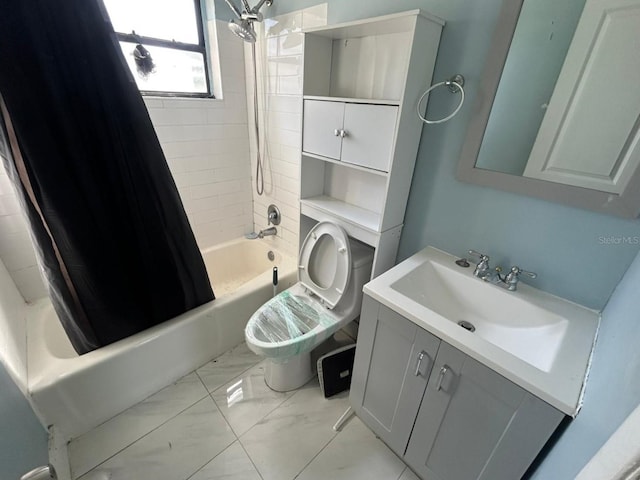 full bathroom featuring toilet, vanity, and shower / bath combination with curtain