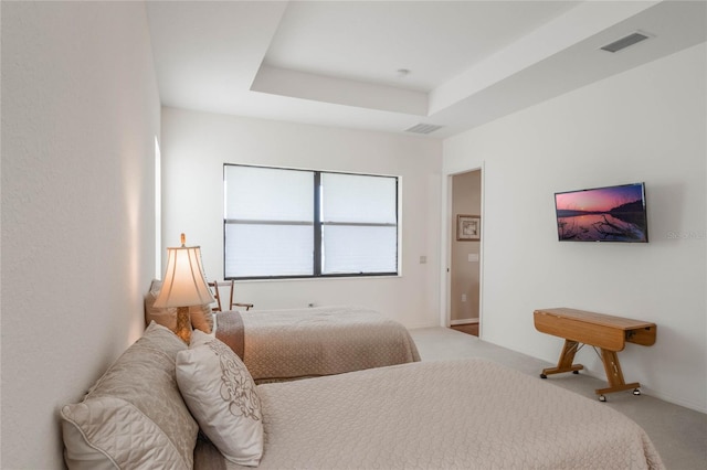 carpeted bedroom with a raised ceiling