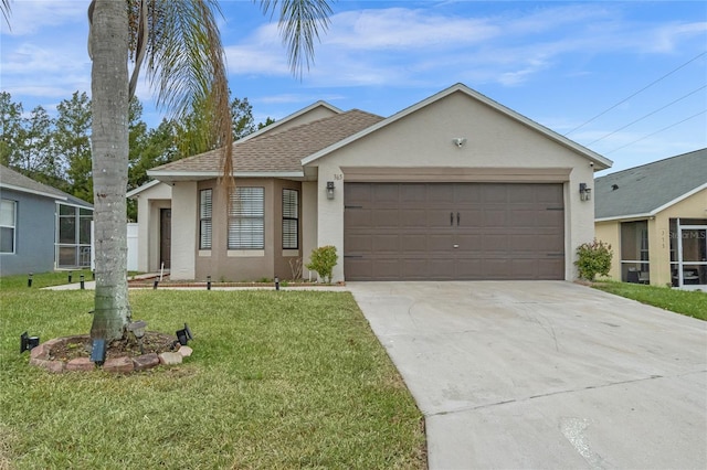 ranch-style house with a front lawn and a garage