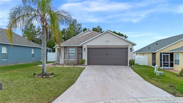 ranch-style house featuring a front lawn and a garage