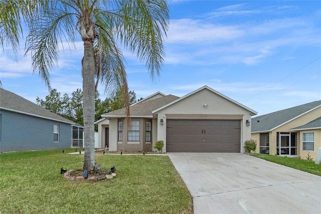 ranch-style home with a front lawn and a garage