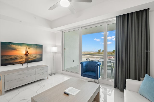 bedroom with ceiling fan and access to exterior