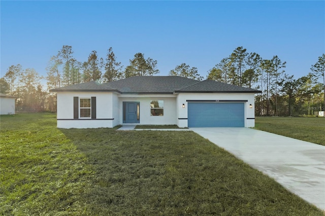 ranch-style house featuring a garage, concrete driveway, a front yard, and stucco siding