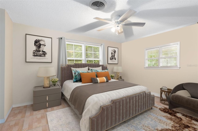 bedroom featuring a textured ceiling and ceiling fan