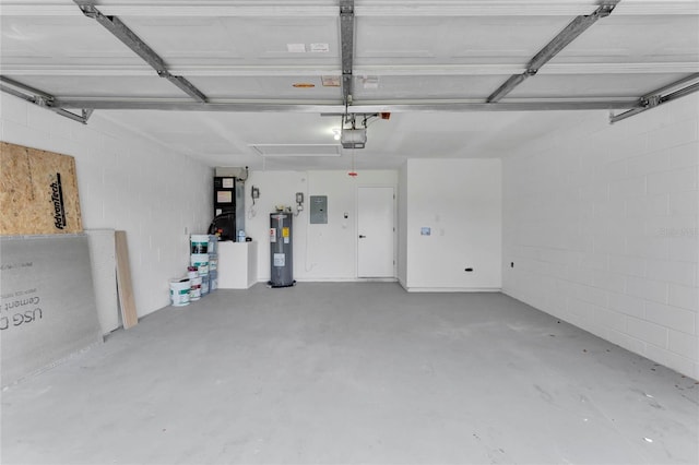 garage with electric panel, water heater, and a garage door opener