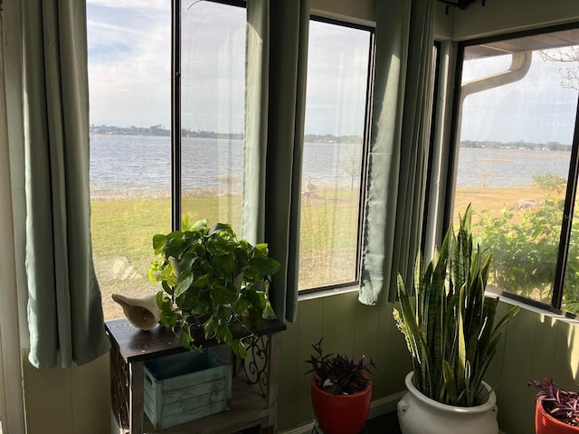 interior space featuring a water view