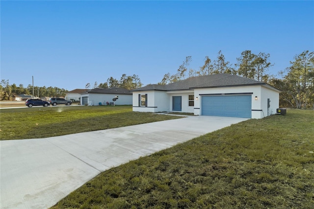 ranch-style home featuring a garage, concrete driveway, a front lawn, and stucco siding