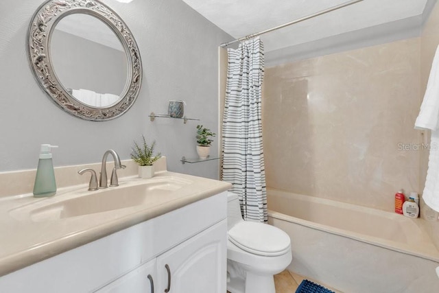 full bathroom featuring toilet, vanity, shower / bathtub combination with curtain, and tile patterned flooring