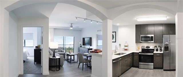 kitchen with stainless steel appliances, light hardwood / wood-style floors, sink, ceiling fan, and dark brown cabinets