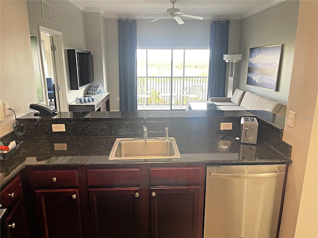 kitchen featuring sink, ornamental molding, dishwasher, and ceiling fan