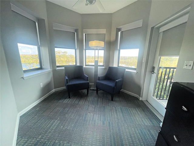 living area with dark colored carpet and ceiling fan