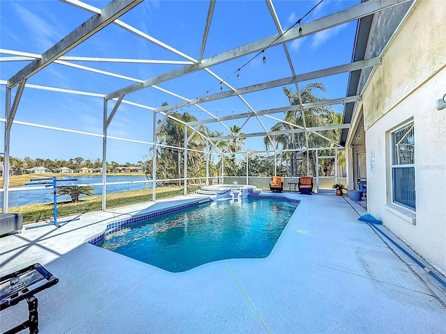 view of pool featuring glass enclosure, an in ground hot tub, a water view, and a patio