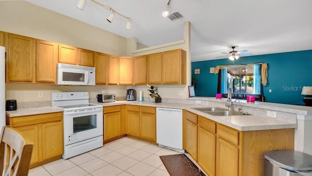 kitchen featuring ceiling fan, kitchen peninsula, sink, and white appliances