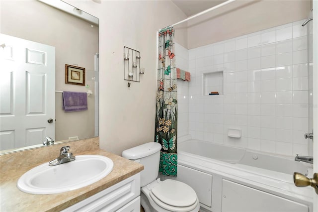 full bathroom with toilet, shower / bathtub combination with curtain, and vanity