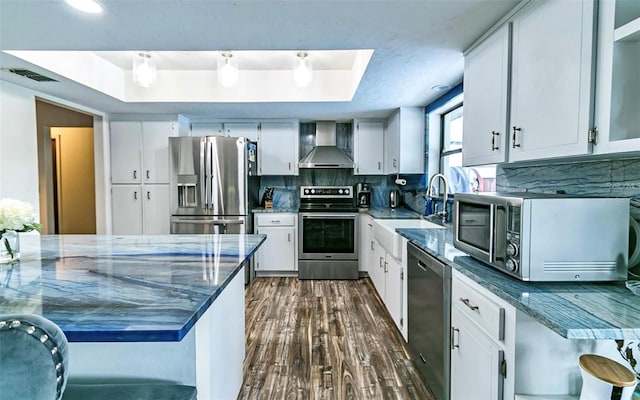 kitchen featuring backsplash, white cabinets, wall chimney exhaust hood, and stainless steel appliances