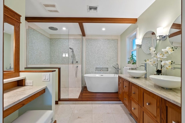 bathroom with vanity, beam ceiling, separate shower and tub, and tile patterned flooring