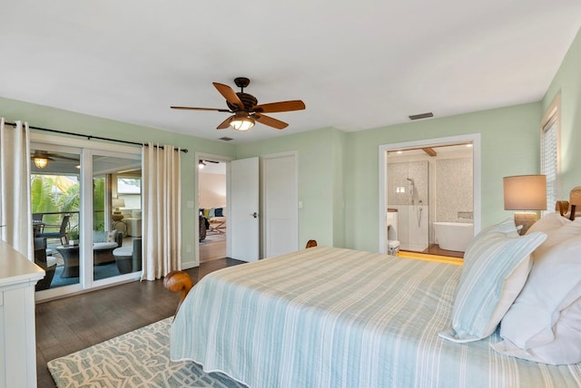 bedroom featuring dark hardwood / wood-style flooring, ensuite bathroom, ceiling fan, and access to outside