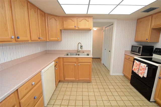 kitchen with sink, light brown cabinets, dishwasher, and range with electric stovetop