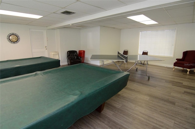 playroom featuring a paneled ceiling, billiards, and hardwood / wood-style floors