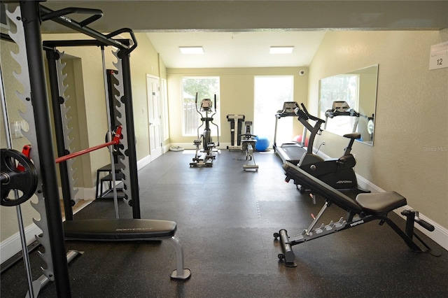 workout area featuring lofted ceiling