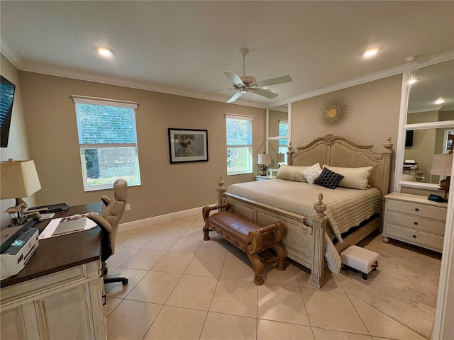 bedroom featuring ceiling fan, light tile patterned flooring, and crown molding