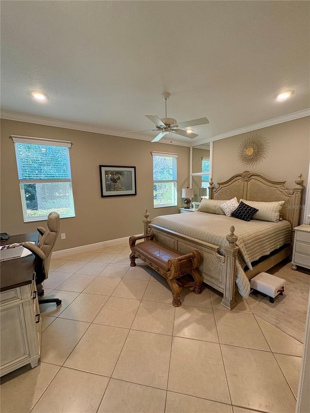 bedroom featuring ceiling fan, light tile patterned floors, and ornamental molding