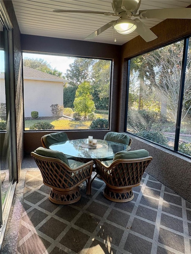 sunroom / solarium featuring ceiling fan