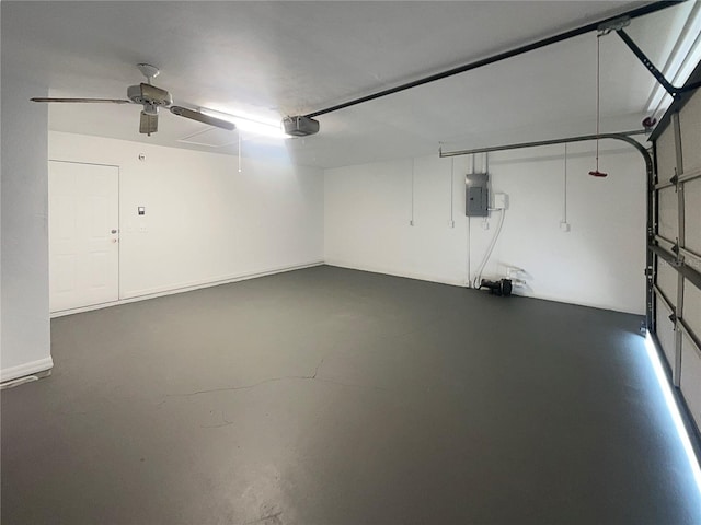 garage with ceiling fan, electric panel, and a garage door opener