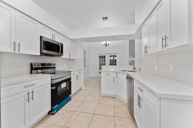 kitchen featuring appliances with stainless steel finishes, white cabinets, kitchen peninsula, and sink