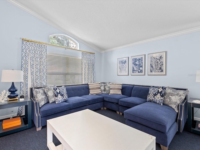 living room featuring vaulted ceiling, crown molding, a textured ceiling, and dark colored carpet