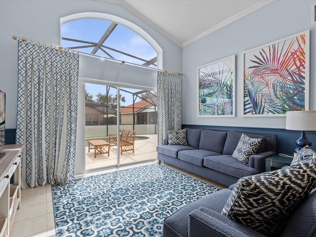 tiled living room with high vaulted ceiling and crown molding