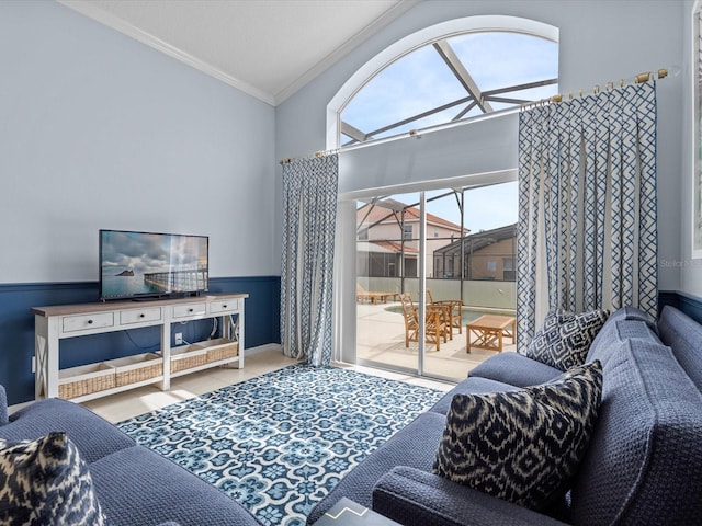 living room featuring high vaulted ceiling and crown molding