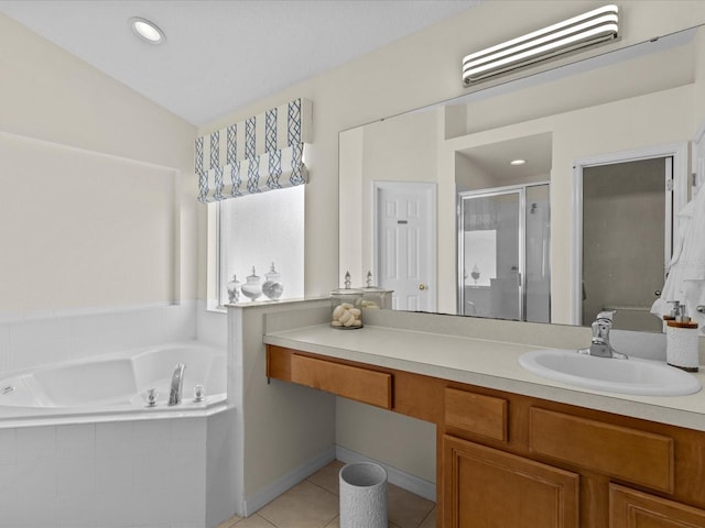 bathroom featuring lofted ceiling, tile patterned flooring, shower with separate bathtub, and vanity